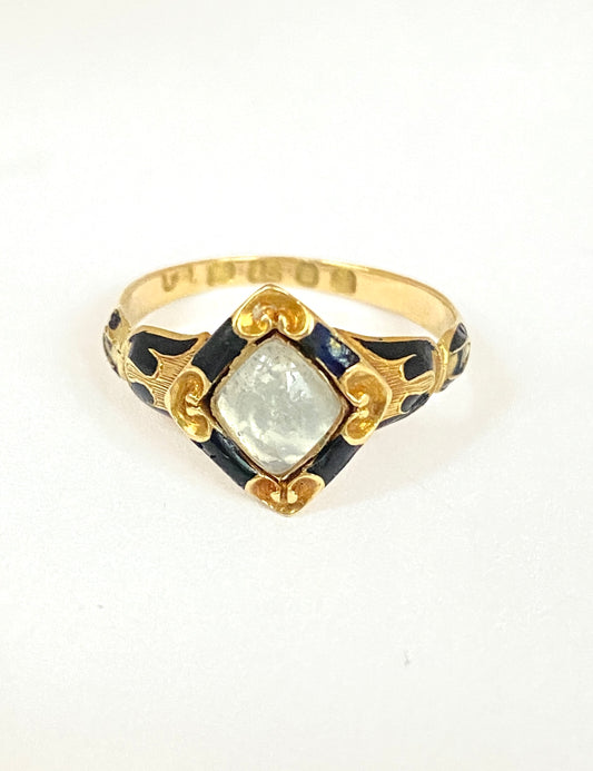 Art Deco, 18ct Gold Moonstone and Enamel Mourning Ring
