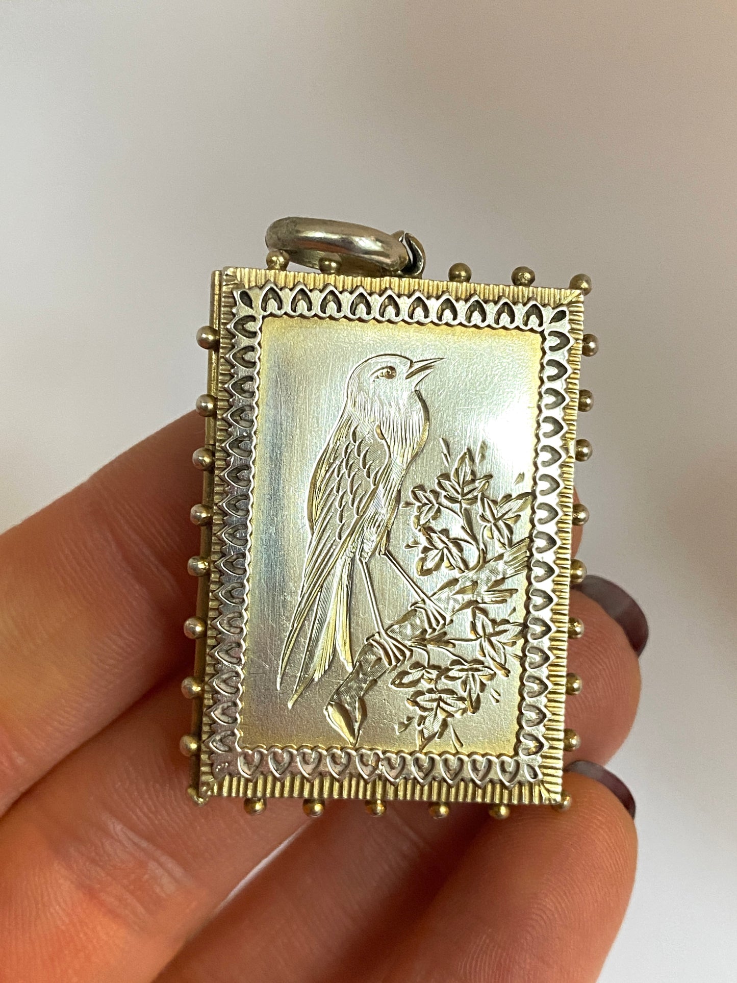 Victorian, Solid Silver and gold gilt, Rectangle Aesthetic Movement Sweetheart Bird locket
