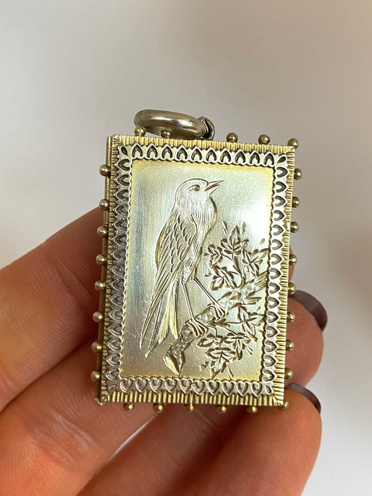 Victorian, Solid Silver and gold gilt, Rectangle Aesthetic Movement Sweetheart Bird locket