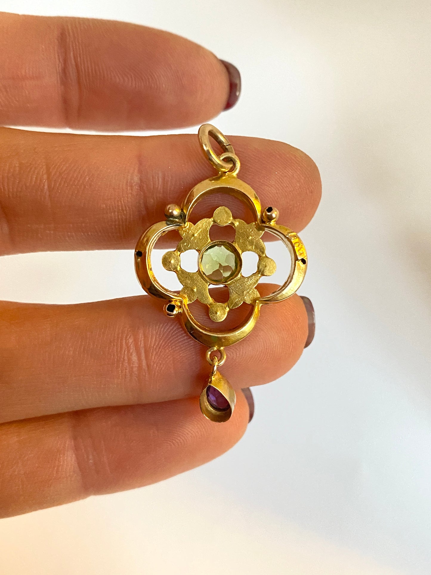 9ct Gold, Edwardian Suffragette (Amethyst, Peridot and Diamond) Pendant