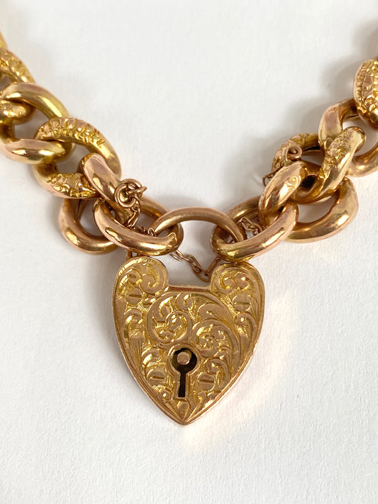 Victorian 9ct Gold Chased Bracelet with Engraved Heart Padlock Clasp