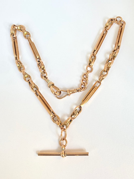 15.5 inch, Victorian 9ct Rosy Gold Fancy Link Double Albert Watch Chain with T bar and dog clips (21.37g)