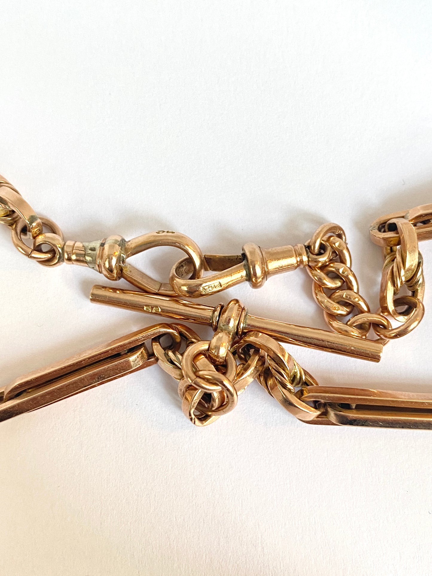 15.5 inch, Victorian 9ct Rosy Gold Fancy Link Double Albert Watch Chain with T bar and dog clips (21.37g)