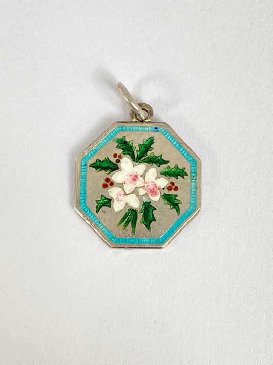 Vintage Silver & Enamel, octagon floral locket with Holly and Hibiscus