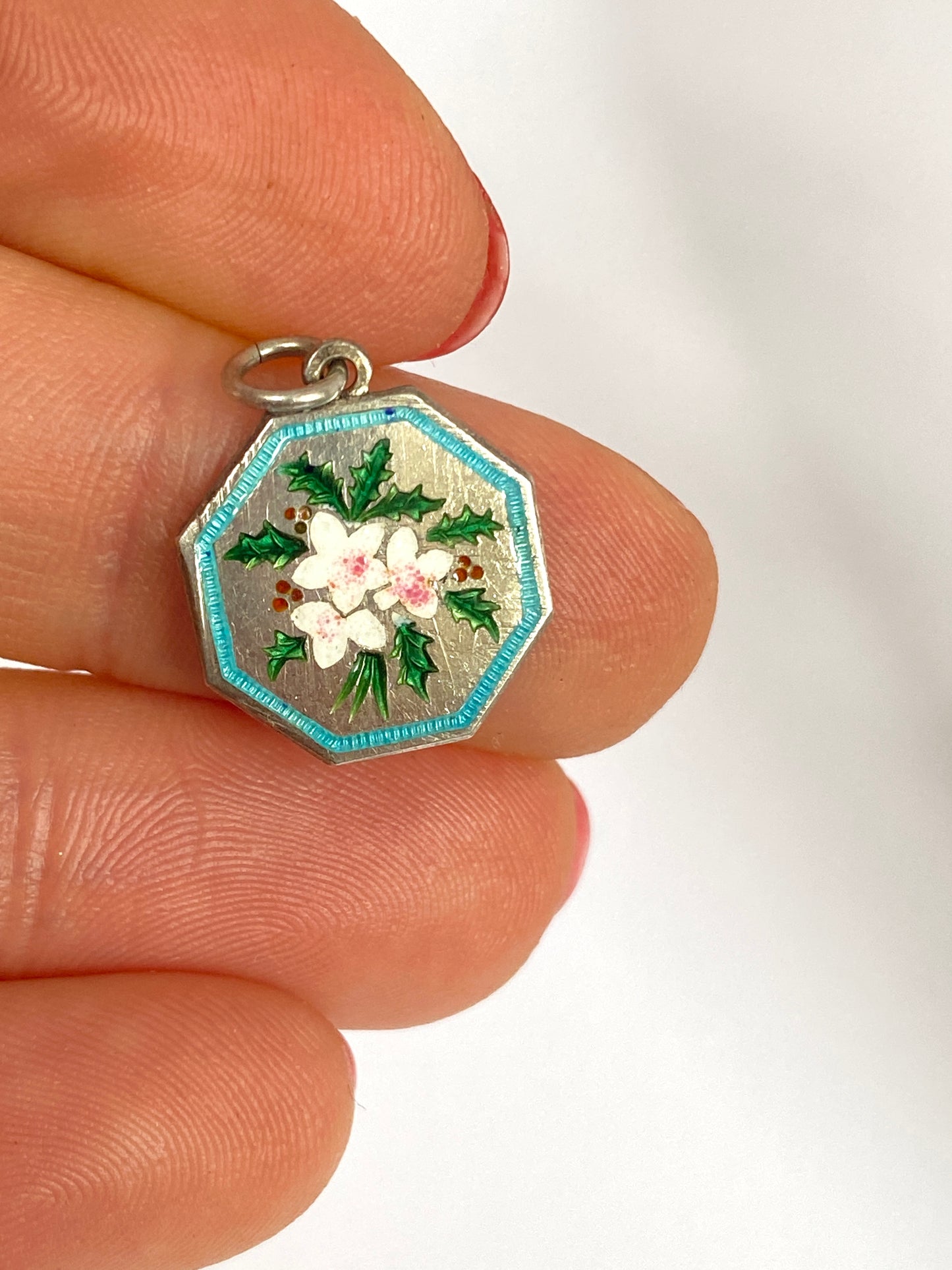 Vintage Silver & Enamel, octagon floral locket with Holly and Hibiscus