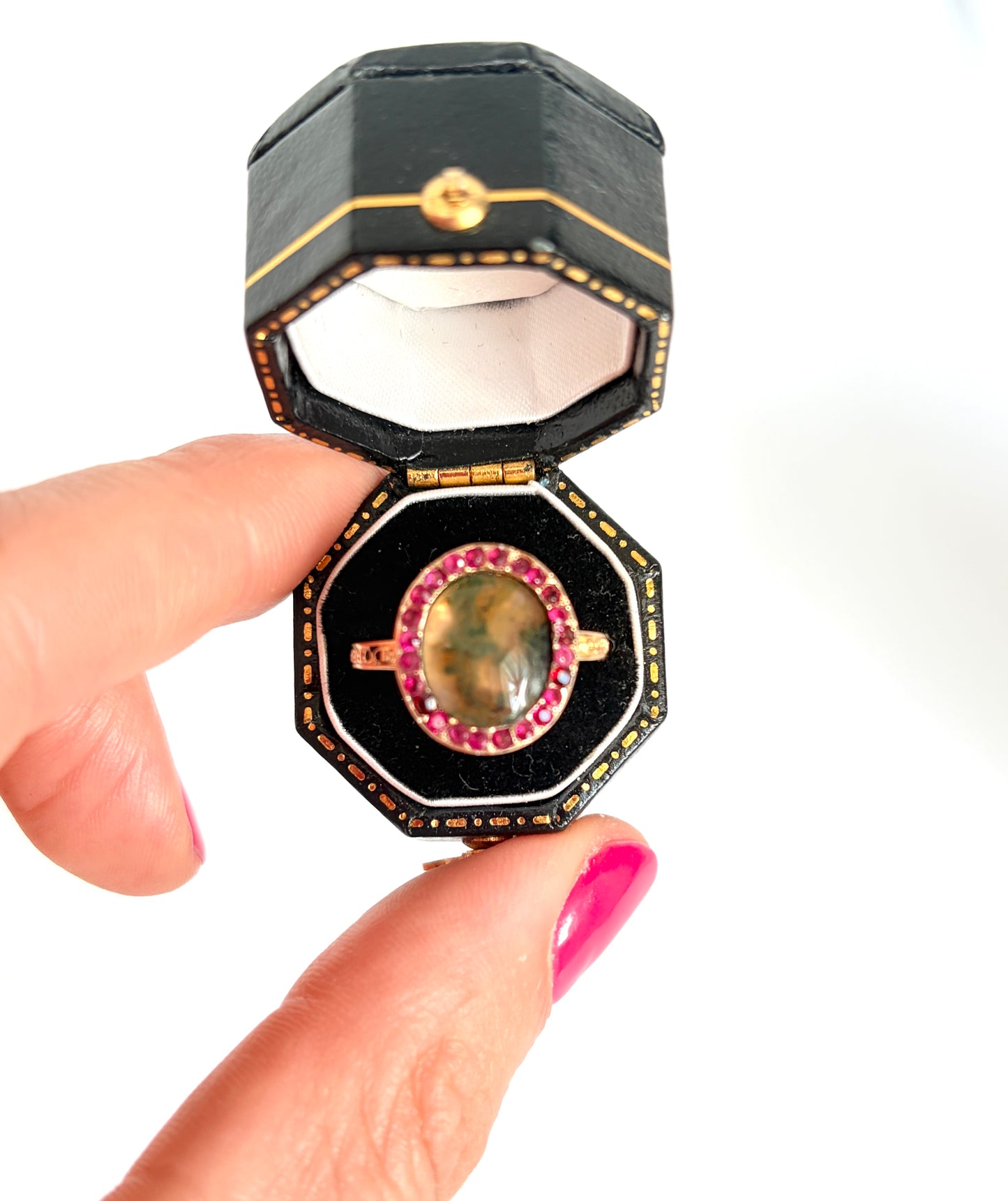 Antique, 15ct Gold, Moss Agate Ring with Ruby Border