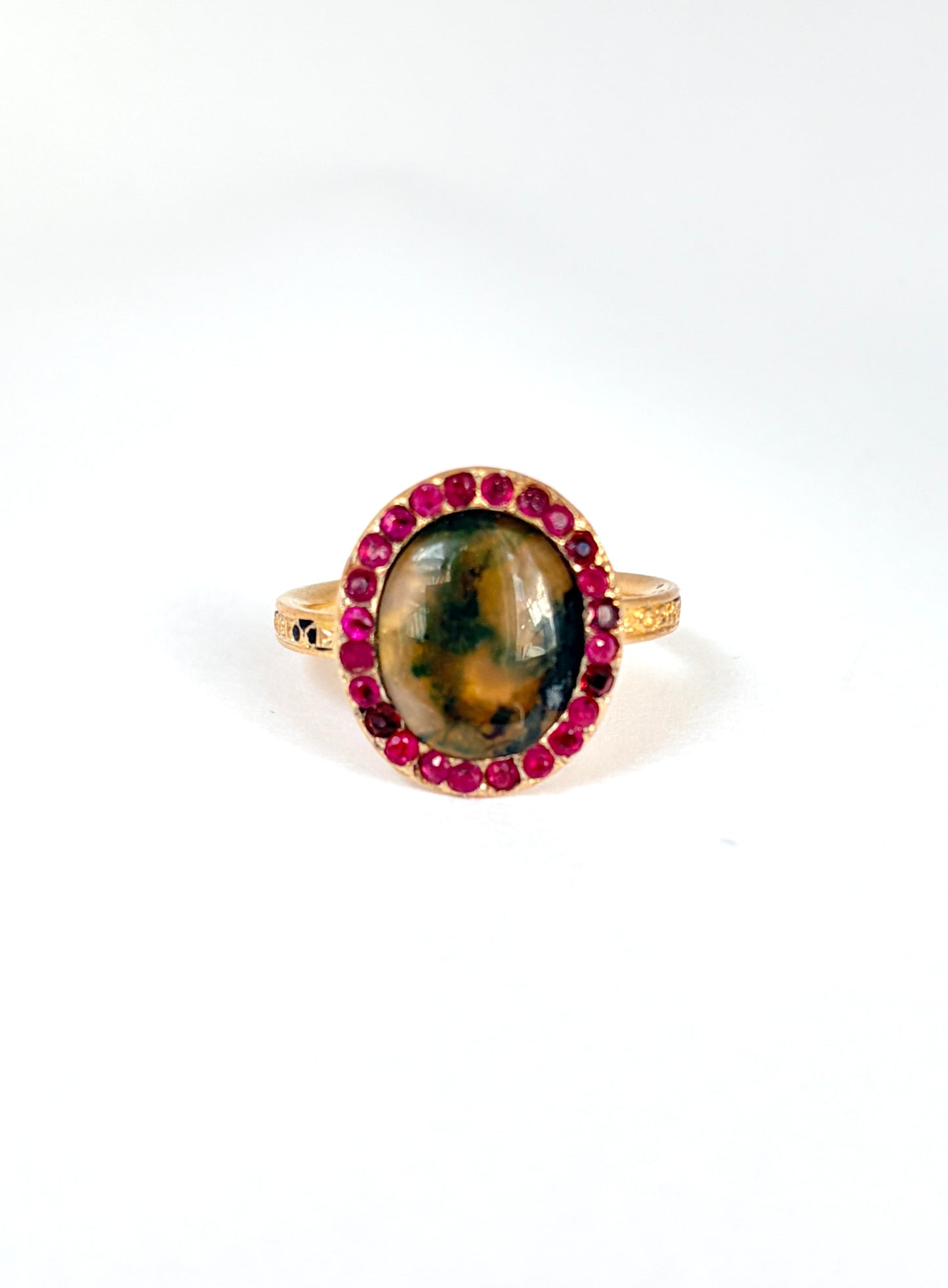 Antique, 15ct Gold, Moss Agate Ring with Ruby Border