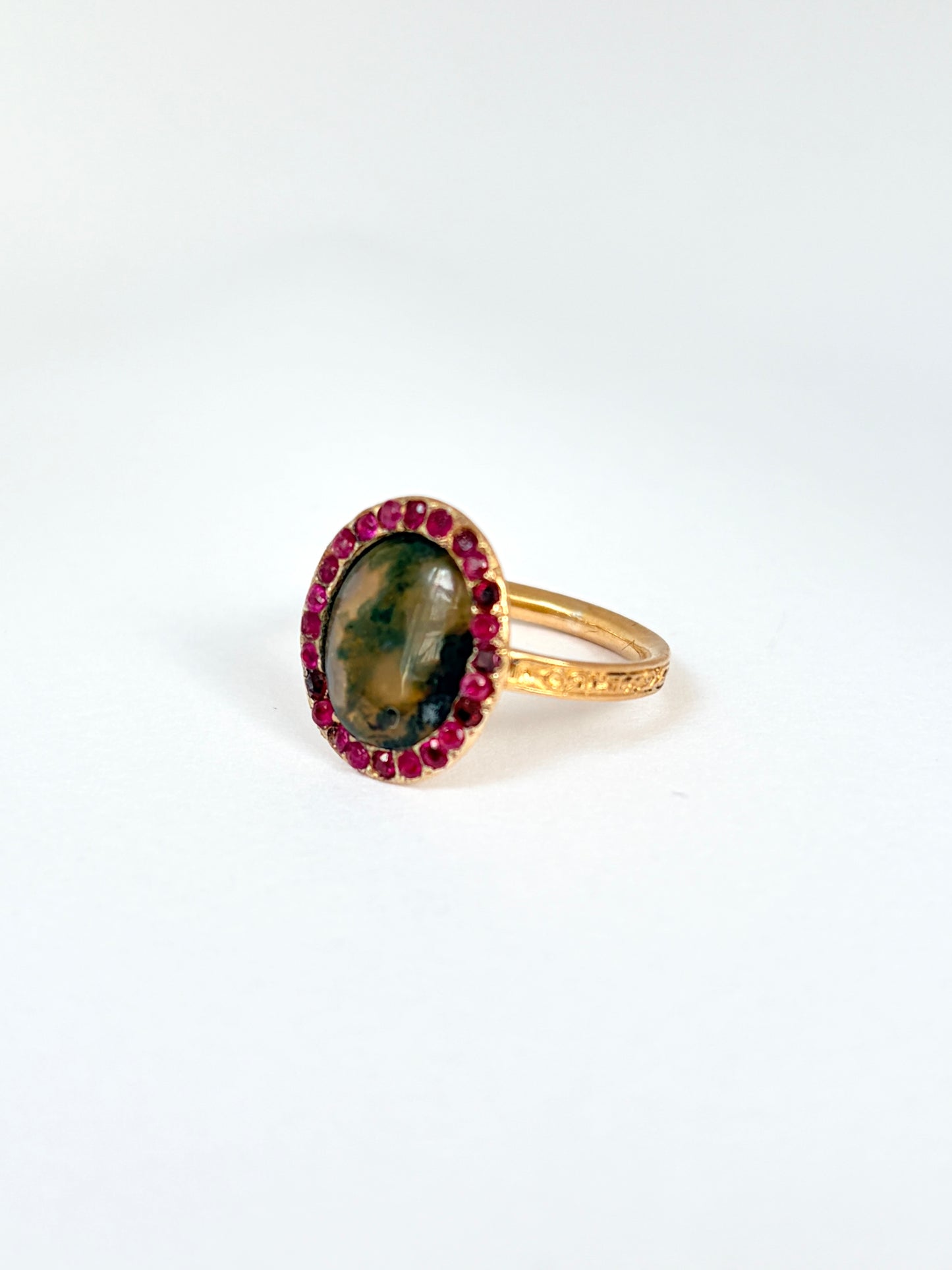 Antique, 15ct Gold, Moss Agate Ring with Ruby Border
