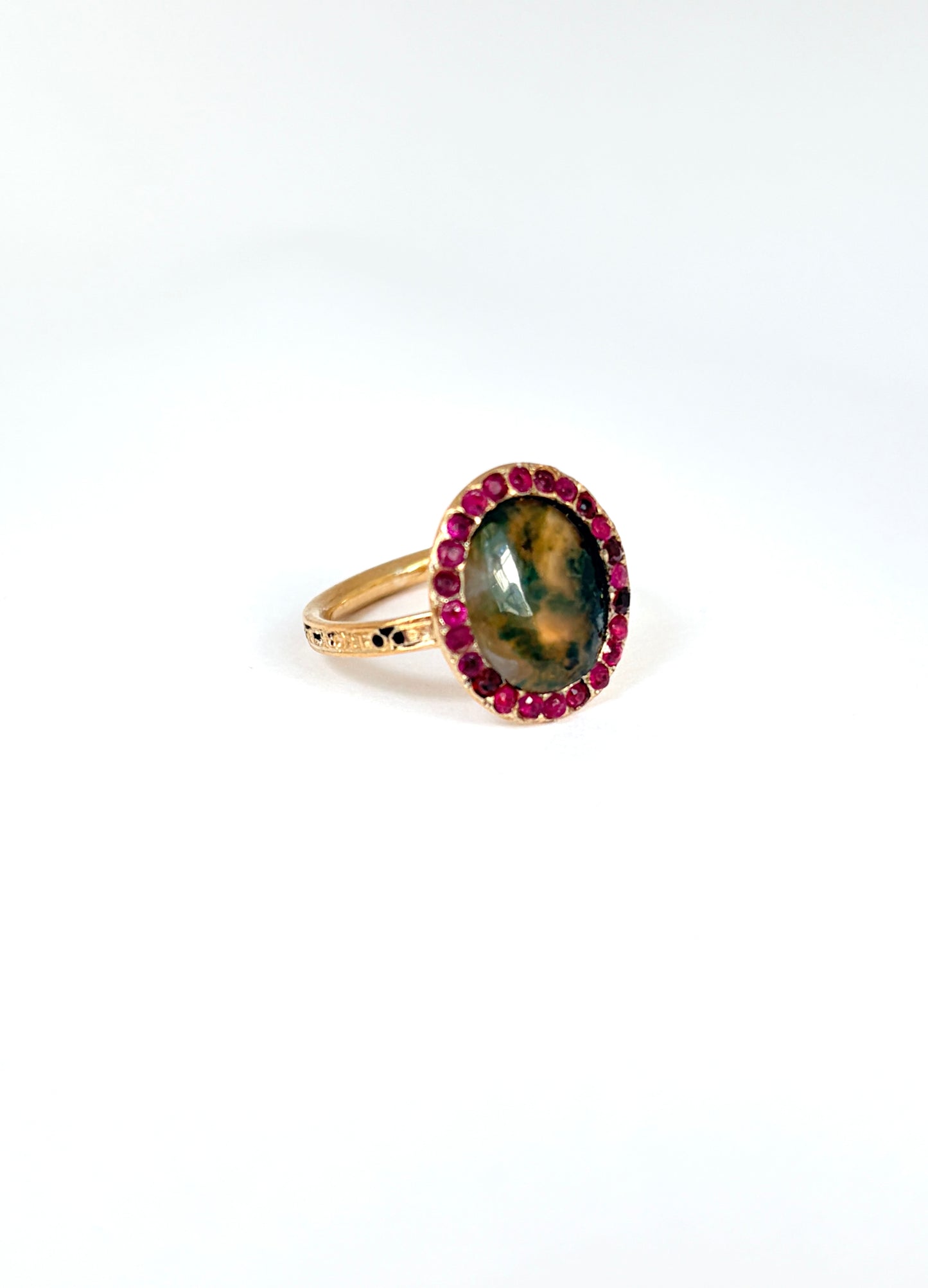 Antique, 15ct Gold, Moss Agate Ring with Ruby Border
