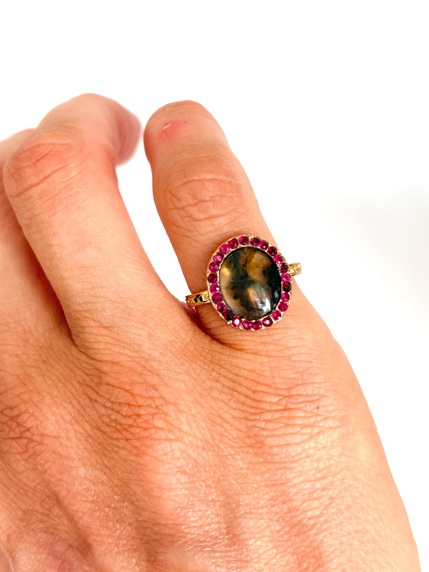 Antique, 15ct Gold, Moss Agate Ring with Ruby Border