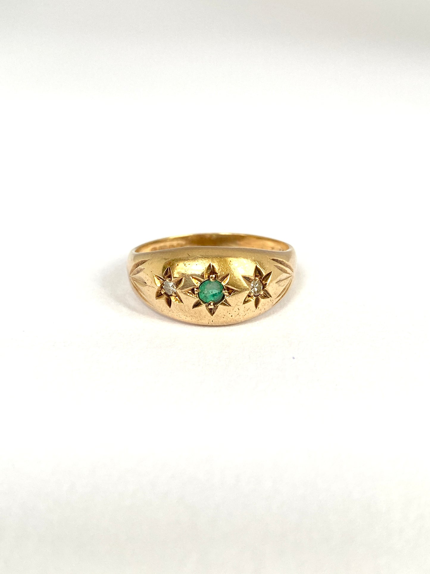 Vintage, 9ct Gold, Diamond and Emerald Gypsy/Starburst Ring, Hallmarked Birmingham, 1976