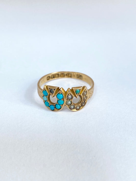 Victorian, 15ct Gold, Turquoise and Seed Pearl Double Horse shoe Ring, Hallmarked Chester, 1880