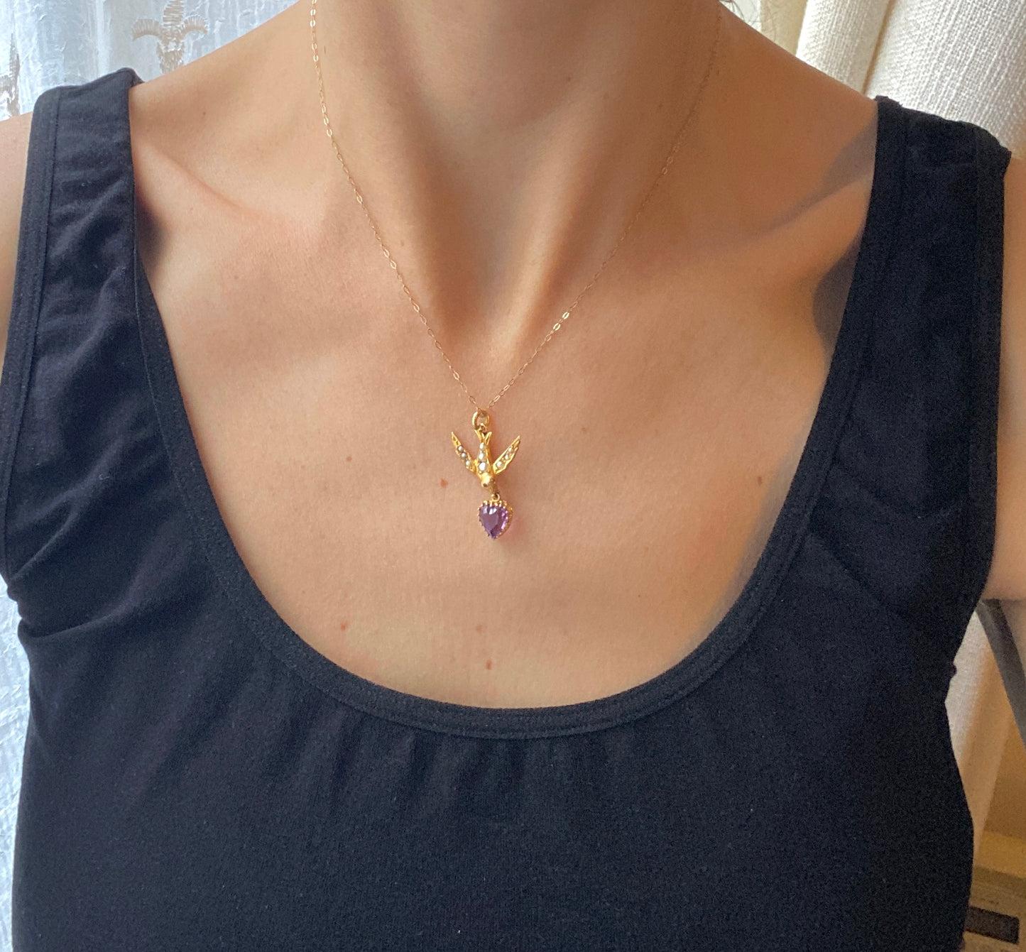 Victorian, 15ct Gold, Seed Pearl Swallow Pendant with Amethyst Heart and 9ct Gold Chain