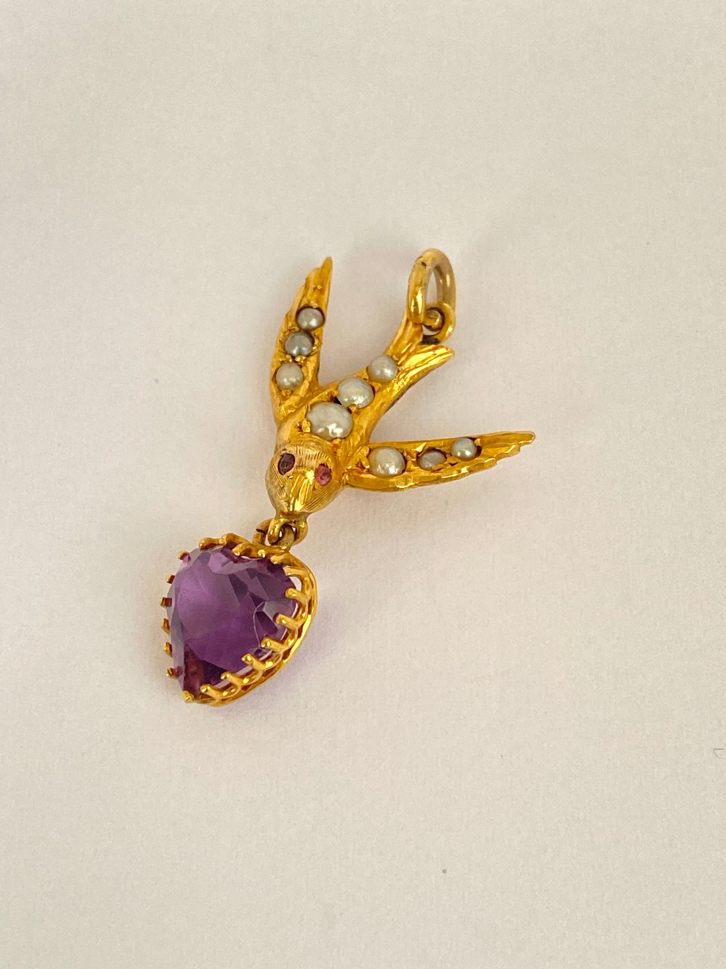 Victorian, 15ct Gold, Seed Pearl Swallow Pendant with Amethyst Heart and 9ct Gold Chain