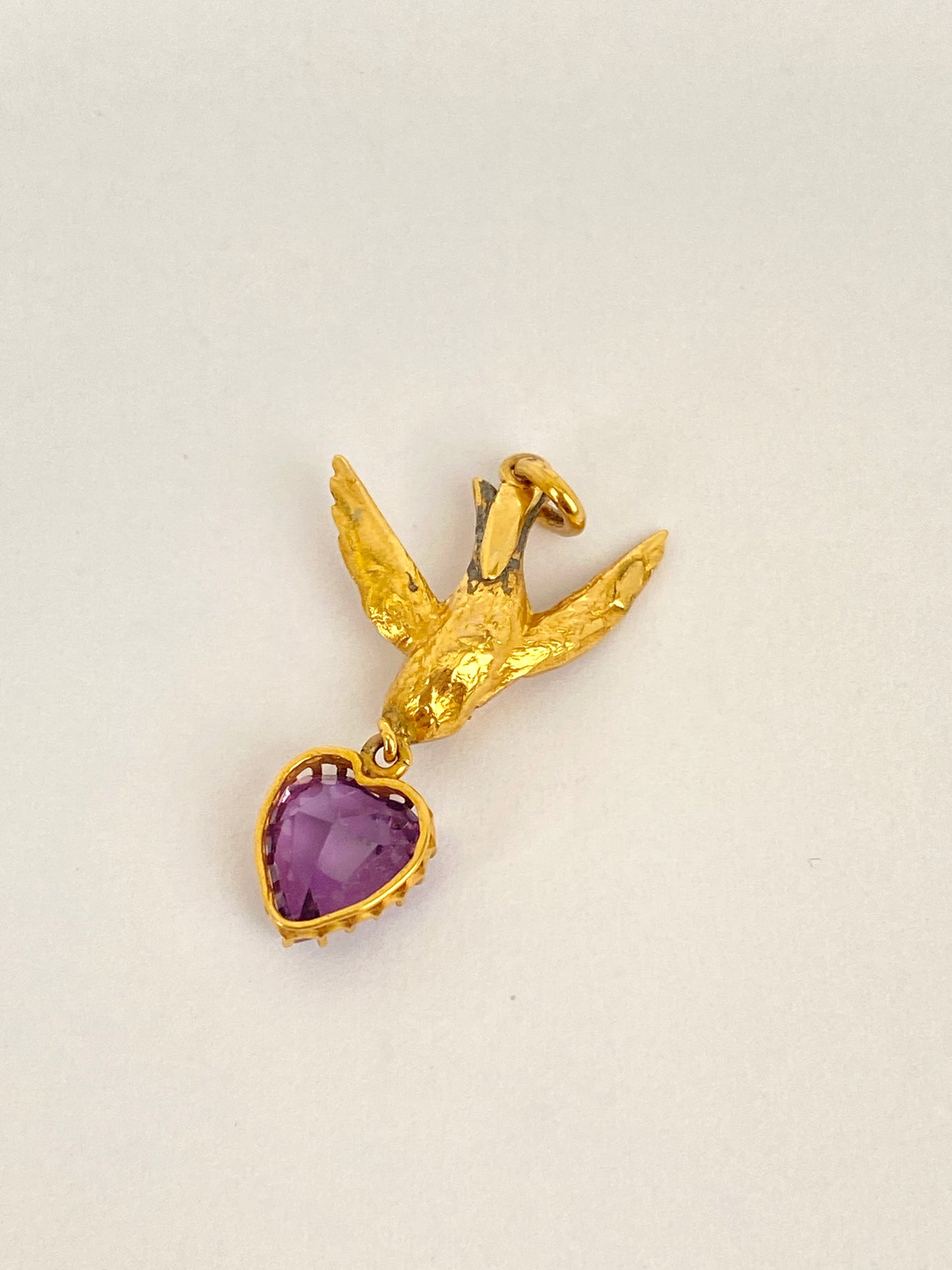 Victorian, 15ct Gold, Seed Pearl Swallow Pendant with Amethyst Heart and 9ct Gold Chain