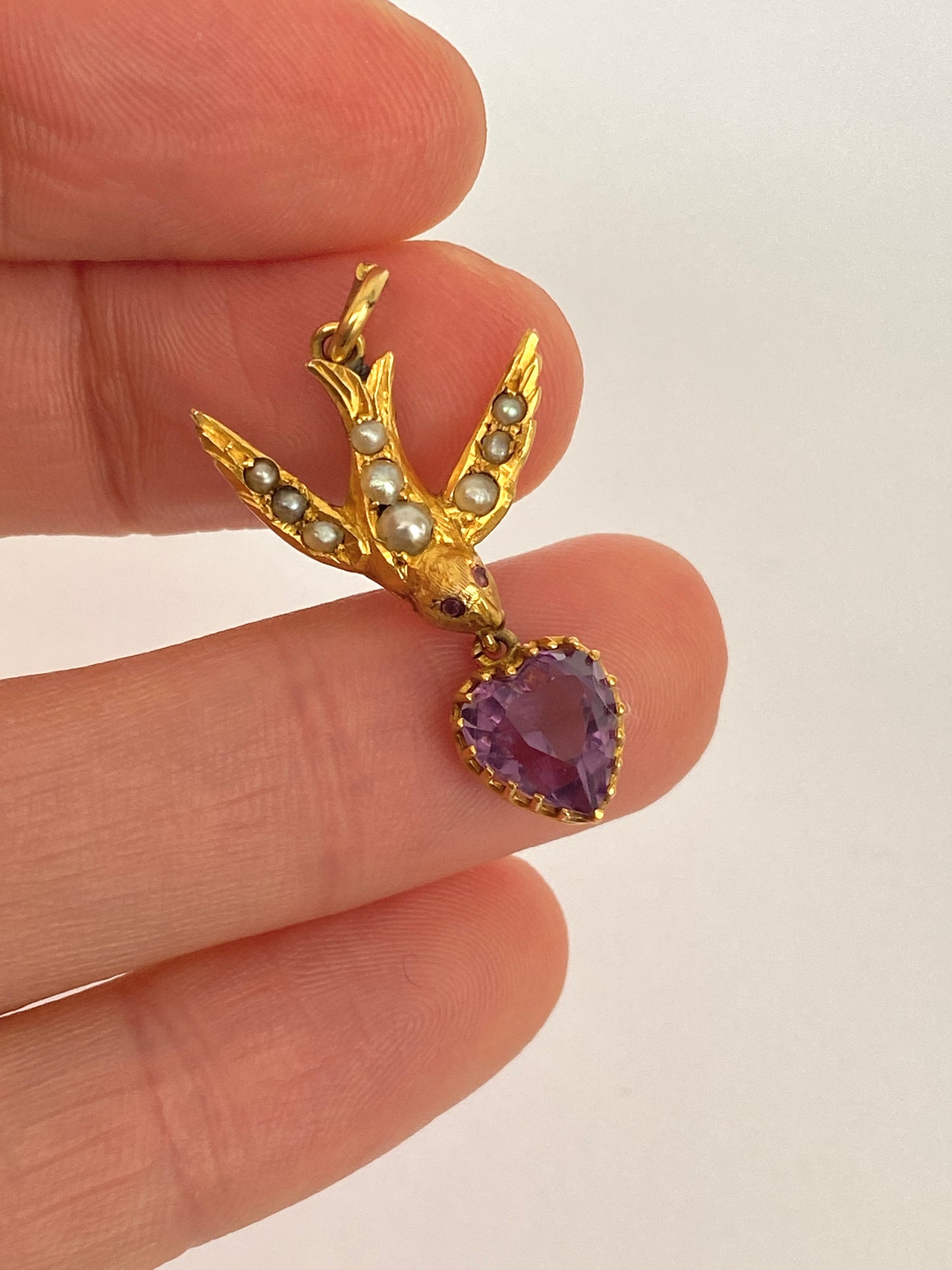 Victorian, 15ct Gold, Seed Pearl Swallow Pendant with Amethyst Heart and 9ct Gold Chain