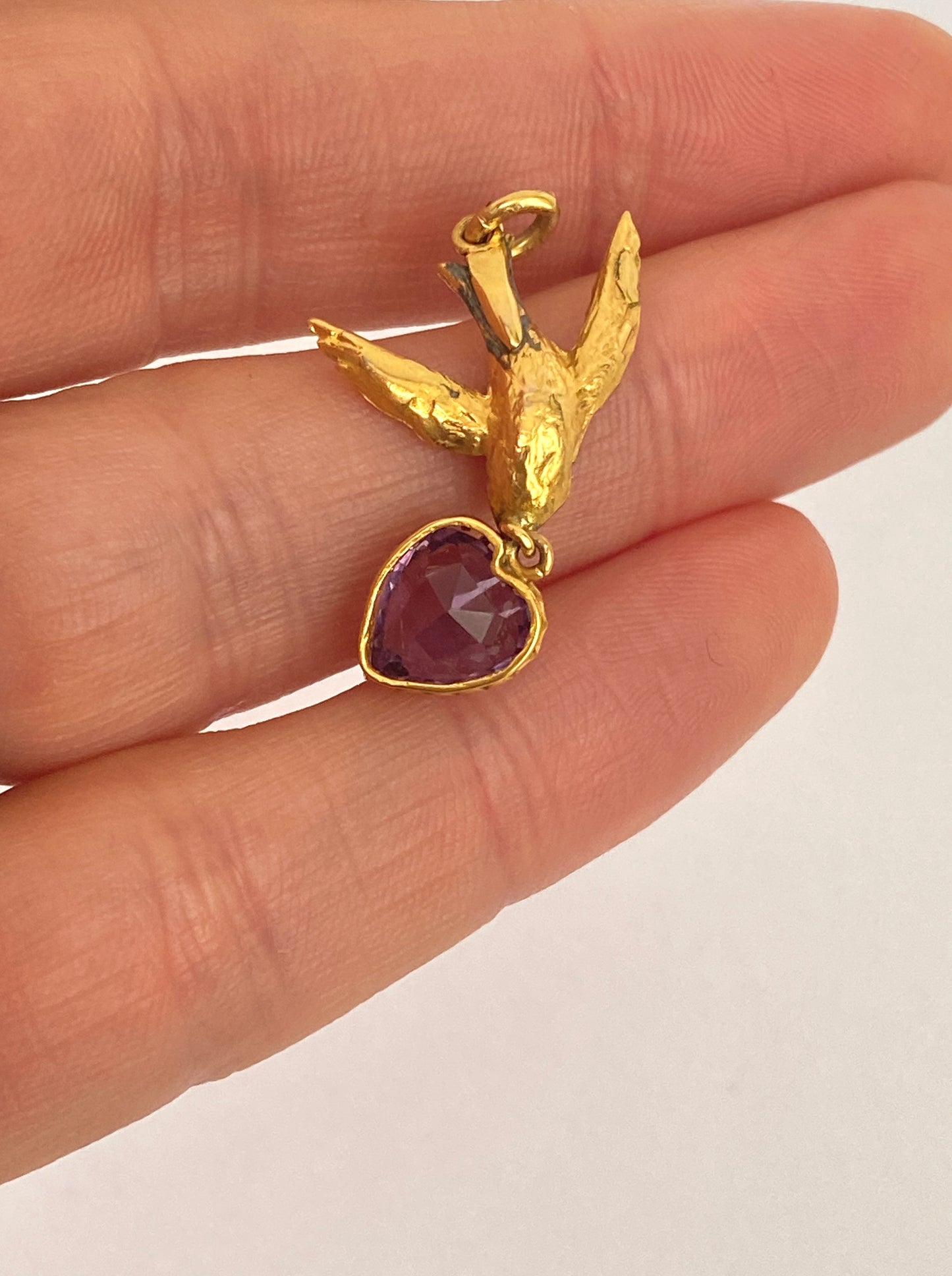 Victorian, 15ct Gold, Seed Pearl Swallow Pendant with Amethyst Heart and 9ct Gold Chain