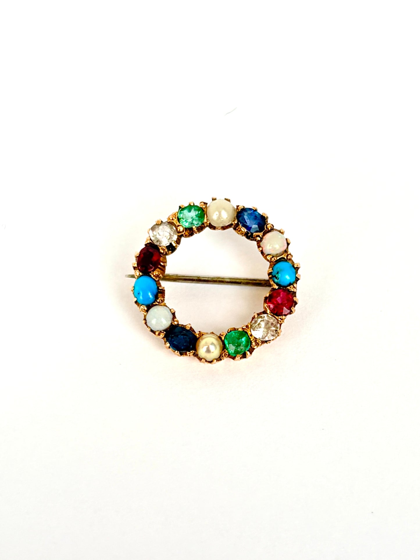 Antique, 15ct Gold Harlequin, Multi-Gem Circle Brooch