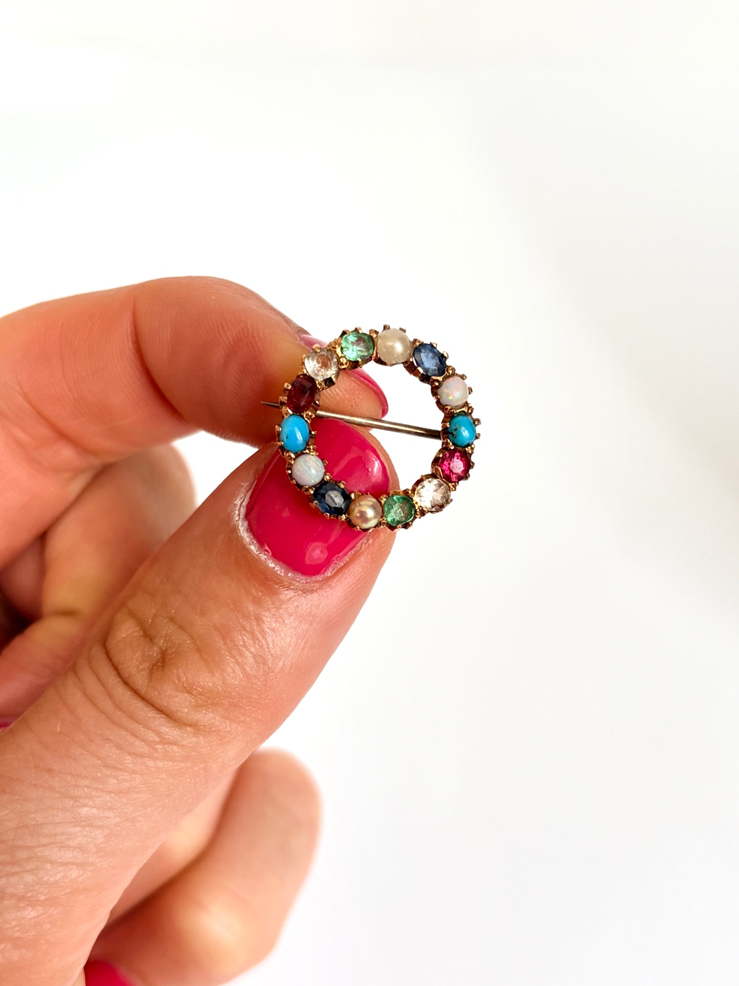 Antique, 15ct Gold Harlequin, Multi-Gem Circle Brooch