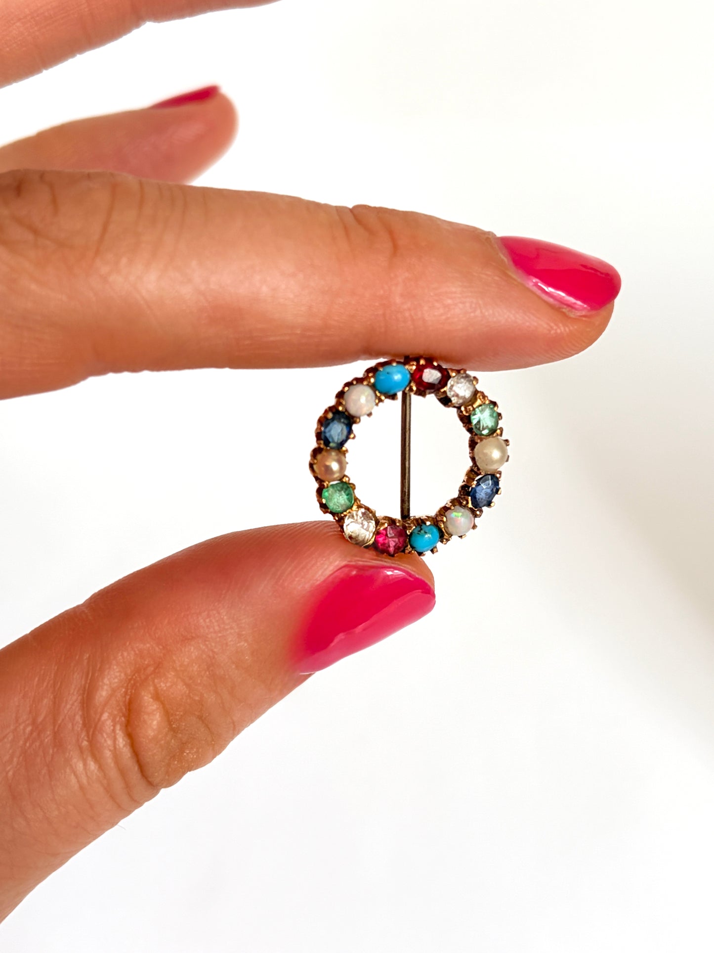 Antique, 15ct Gold Harlequin, Multi-Gem Circle Brooch