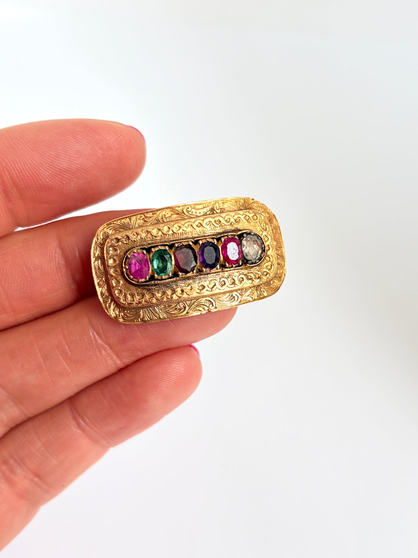 18ct Gold, Antique Victorian 'Regard' Acrostic, Multi-gem Brooch, 6.74g