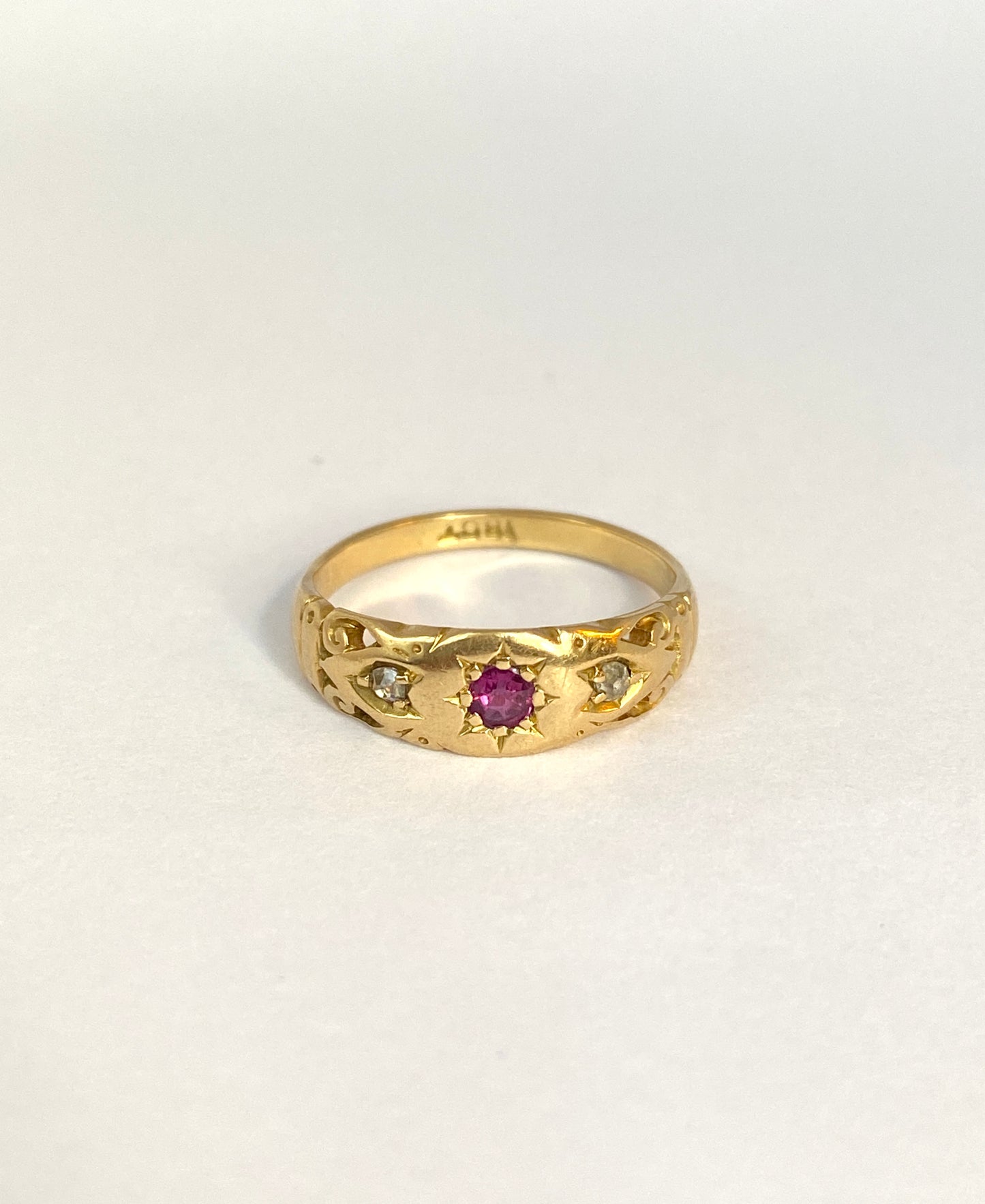 Antique, 18ct Gold Ruby and old cut Diamond Gypsy Starburst Ring