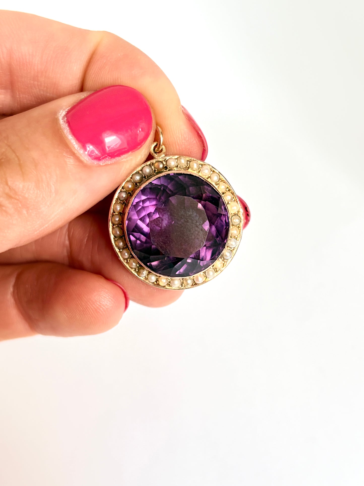 Victorian 9ct Gold, Amethyst and Seed Pearl Cluster Pendant