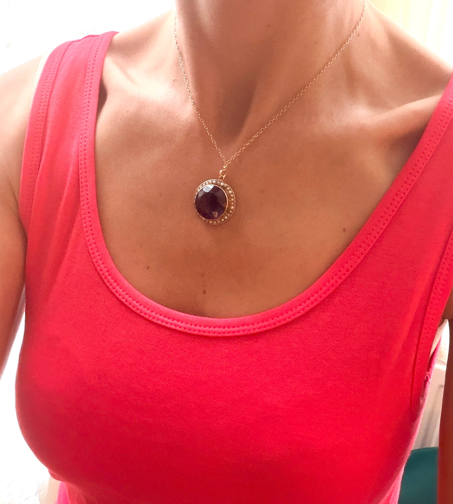Victorian 9ct Gold, Amethyst and Seed Pearl Cluster Pendant