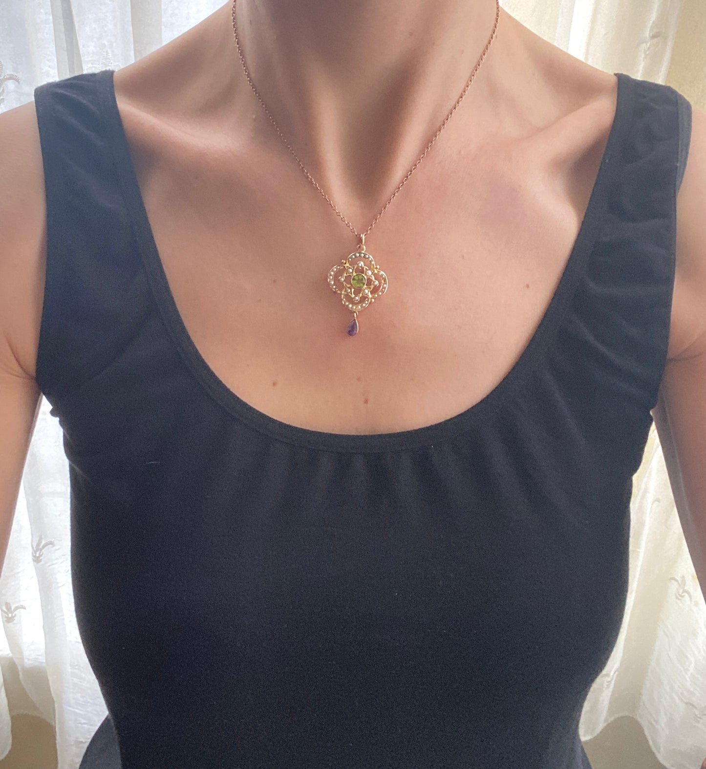 9ct Gold, Edwardian Suffragette (Amethyst, Peridot and Diamond) Pendant