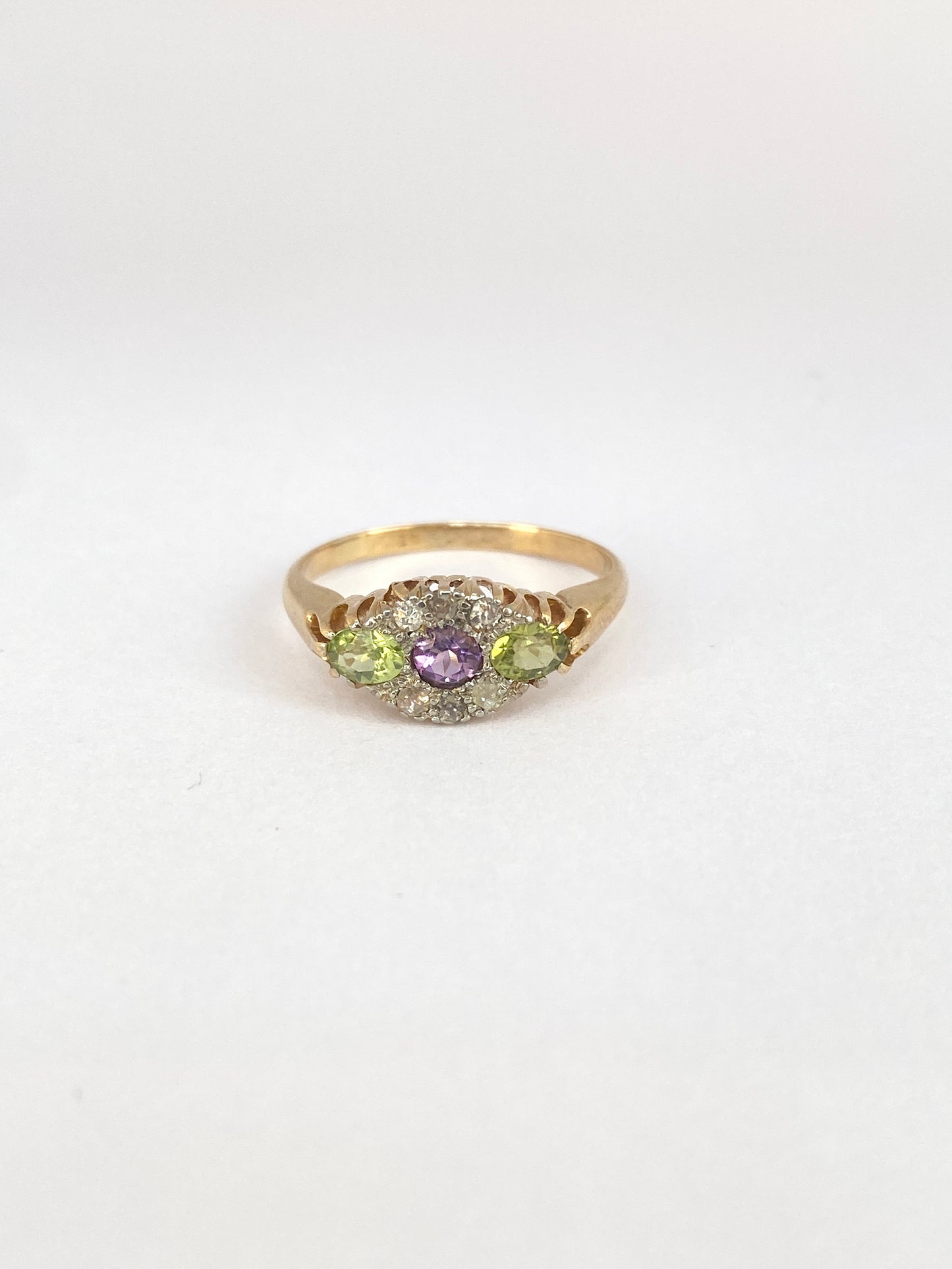 18ct Gold, Antique Amethyst, Peridot and Diamond Ring