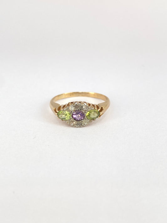 18ct Gold, Antique Amethyst, Peridot and Diamond Ring