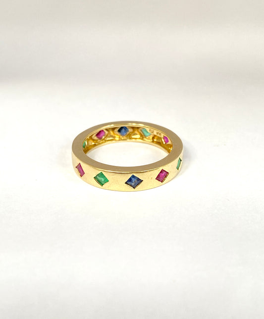 Vintage, 9ct Gold Harlequin Sapphire, Ruby and Emerald Ring