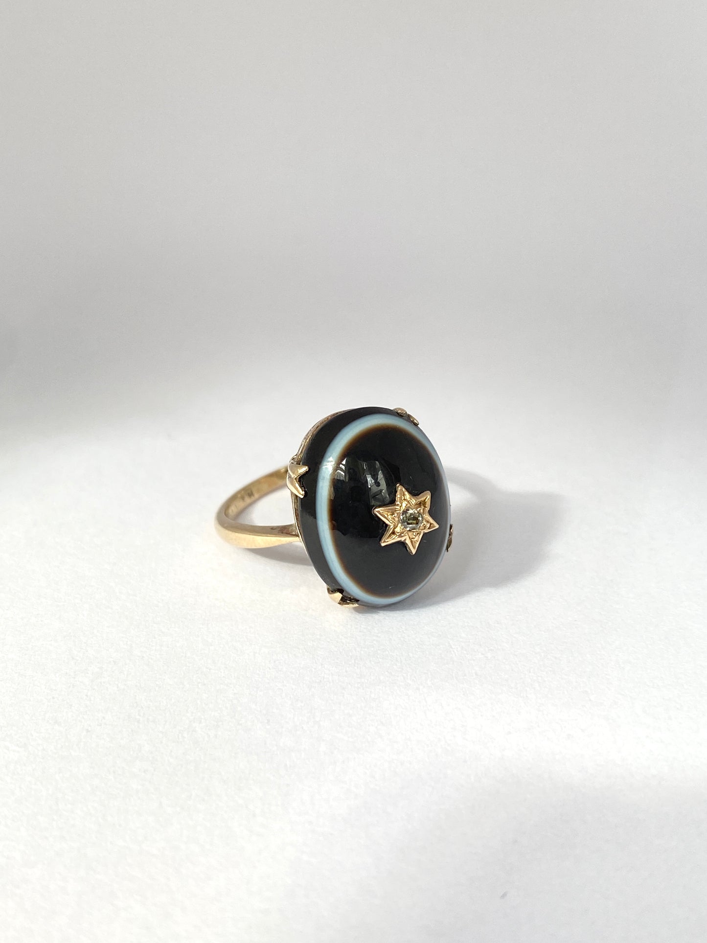 Antique, 9ct Gold, Bullseye Agate Ring with Diamond