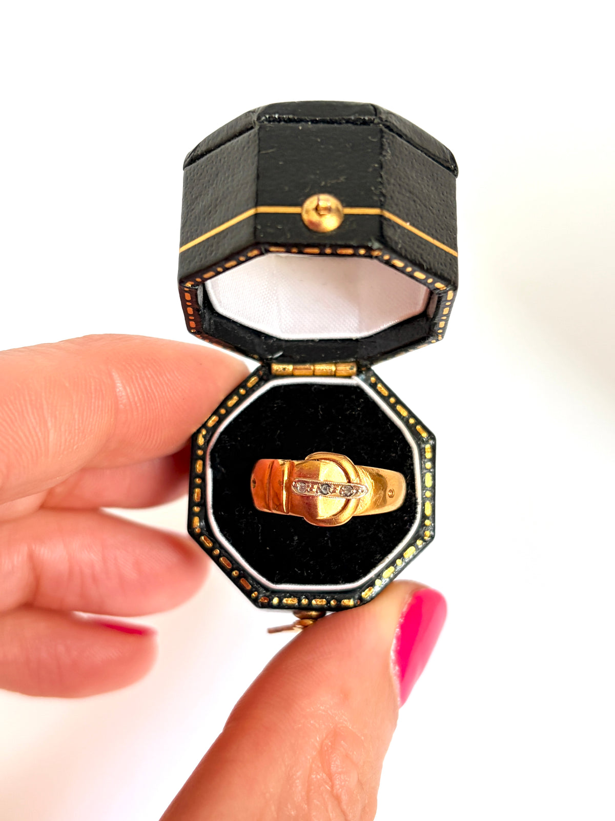 Antique, 18 Gold, Diamond Buckle Ring, Hallmarked for Chester, 1896