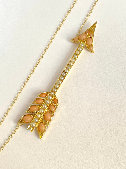 Large, Antique Victorian, 15ct Gold Angel Hair Coral and Peal Arrow Necklace