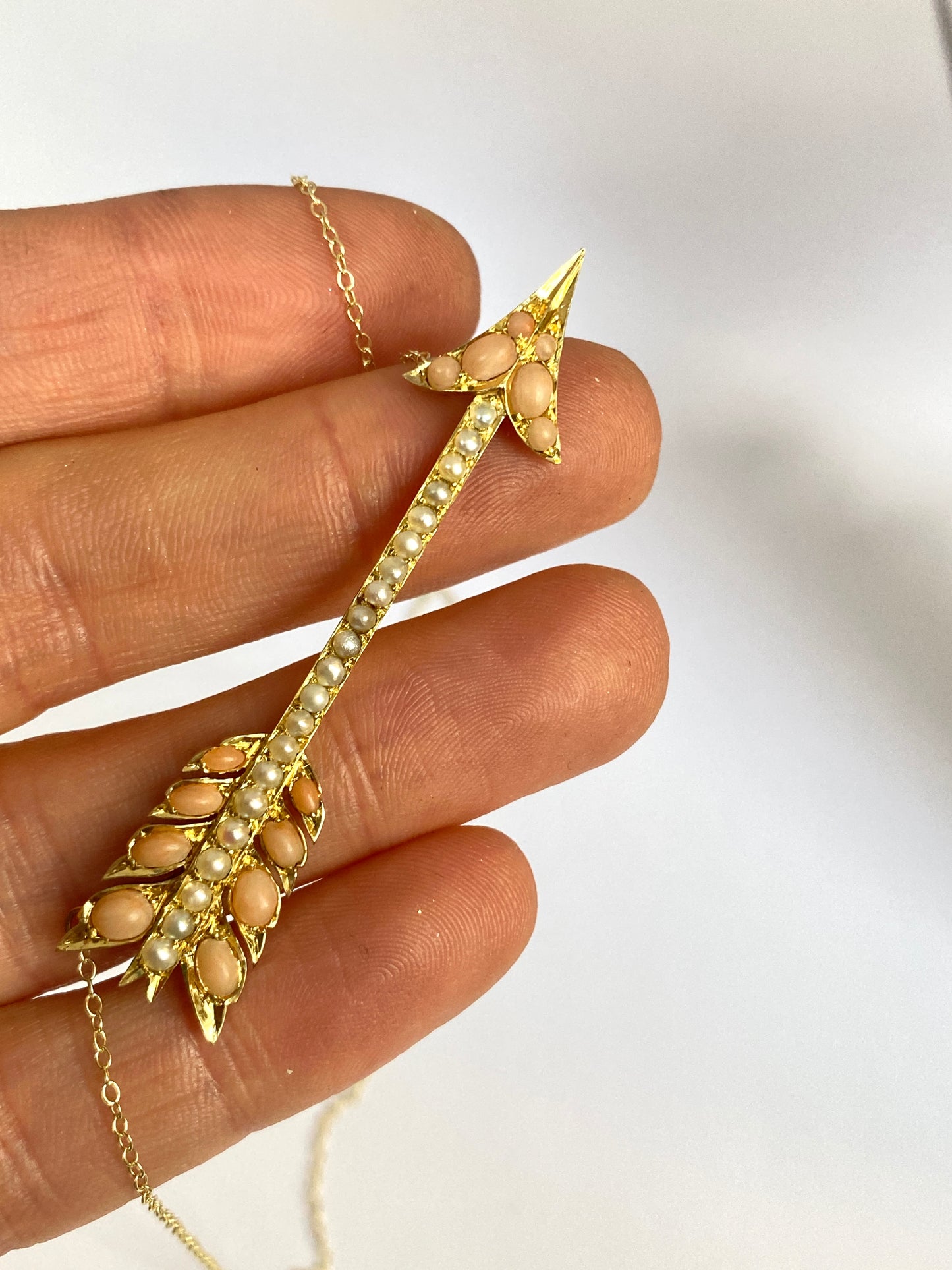 Large, Antique Victorian, 15ct Gold Angel Hair Coral and Peal Arrow Necklace