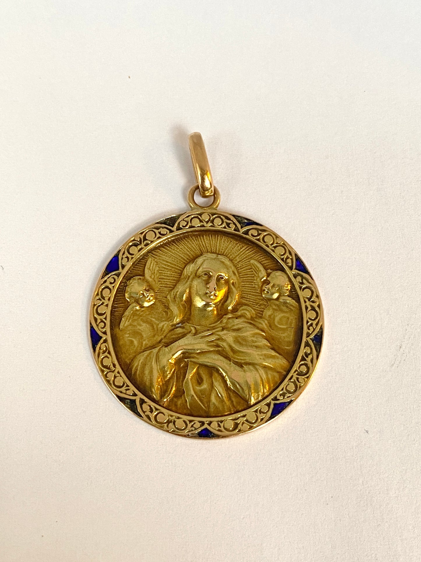 3rd payment Antique, French, 18ct Gold, Madonna and Angels Pendant with Blue Enamel (5.35g)