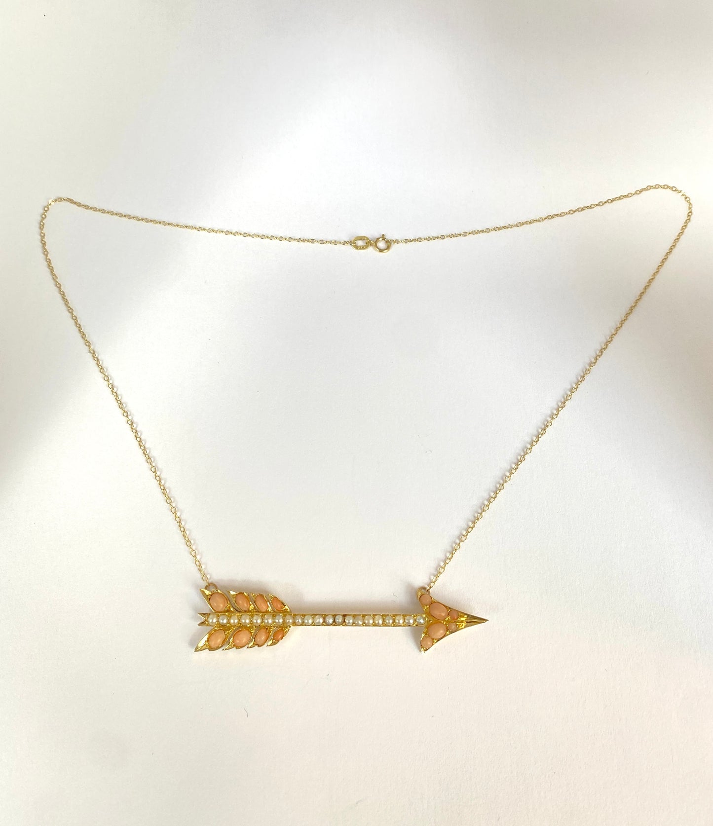 Large, Antique Victorian, 15ct Gold Angel Hair Coral and Peal Arrow Necklace