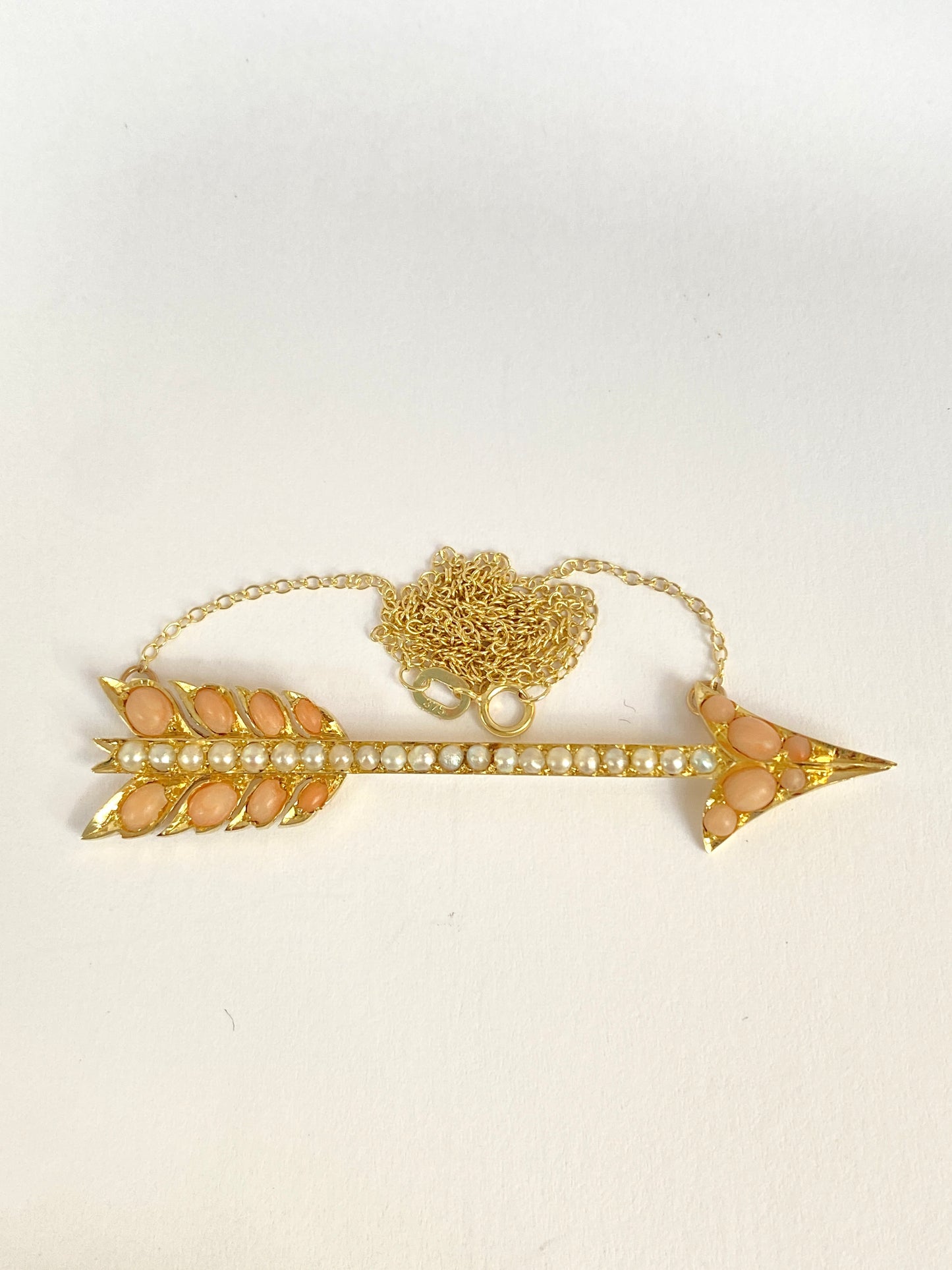 Large, Antique Victorian, 15ct Gold Angel Hair Coral and Peal Arrow Necklace