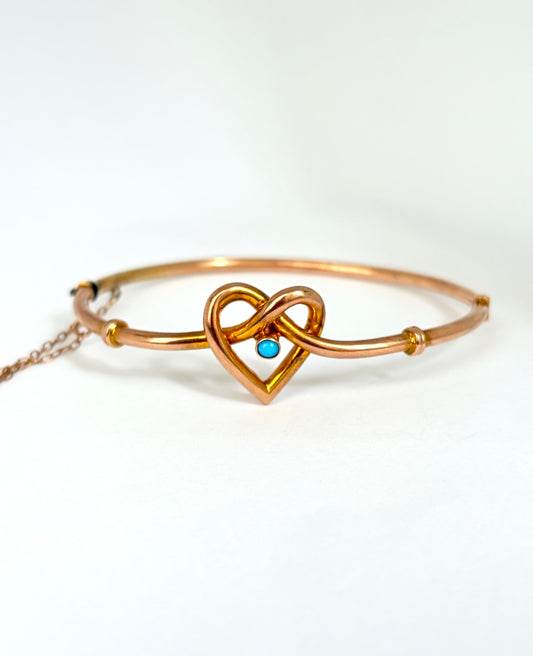 Boxed, Antique, 9ct Gold Bangle with Lovers knot/heart