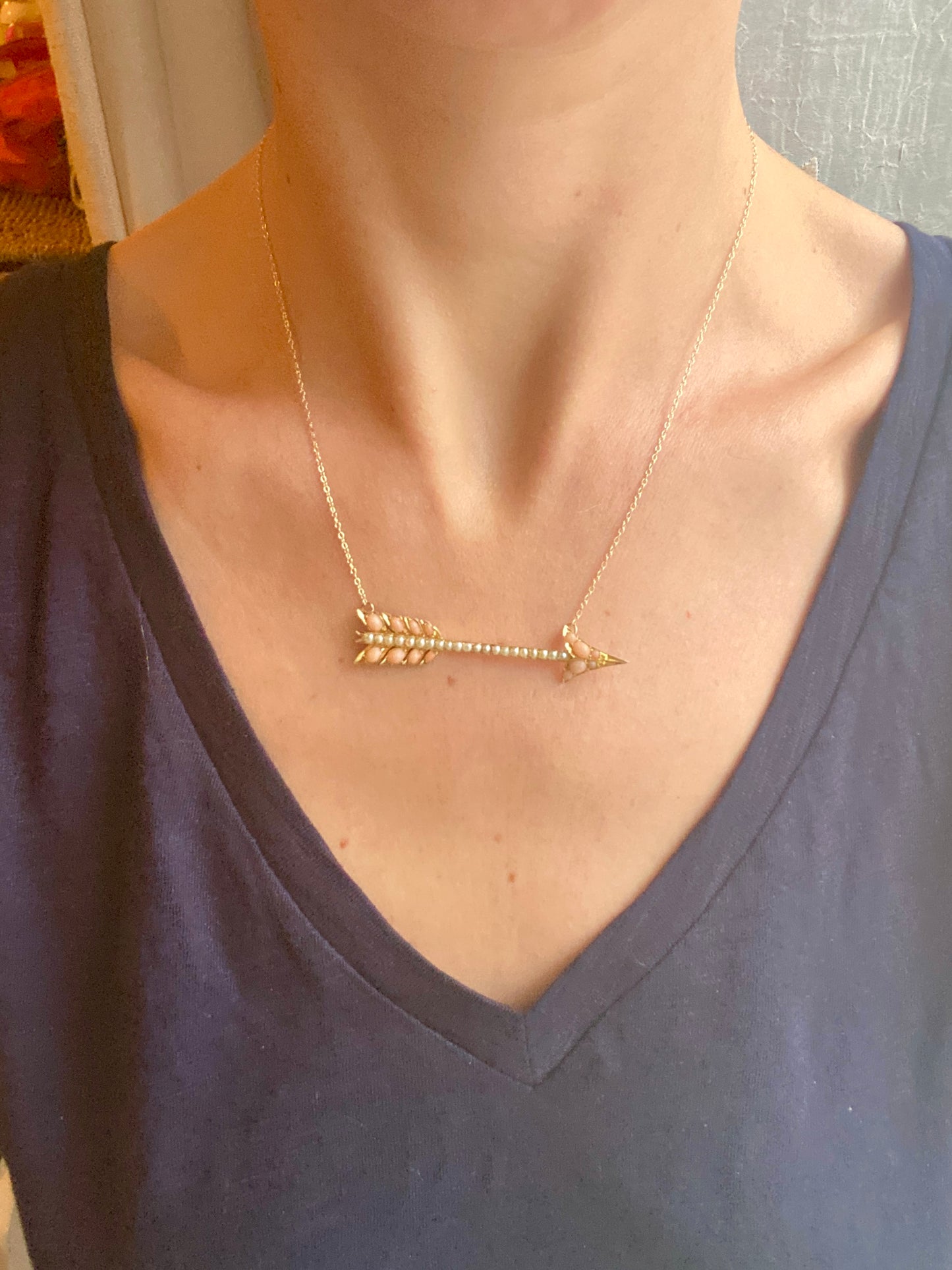 Large, Antique Victorian, 15ct Gold Angel Hair Coral and Peal Arrow Necklace