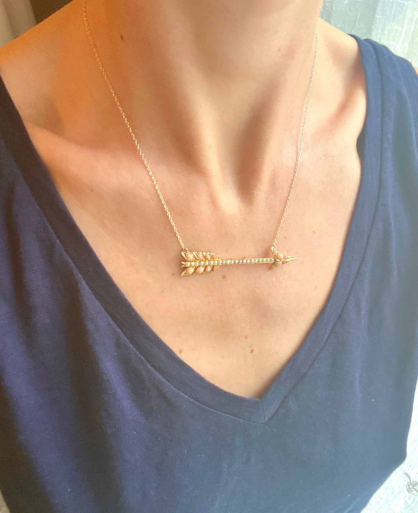 Large, Antique Victorian, 15ct Gold Angel Hair Coral and Peal Arrow Necklace