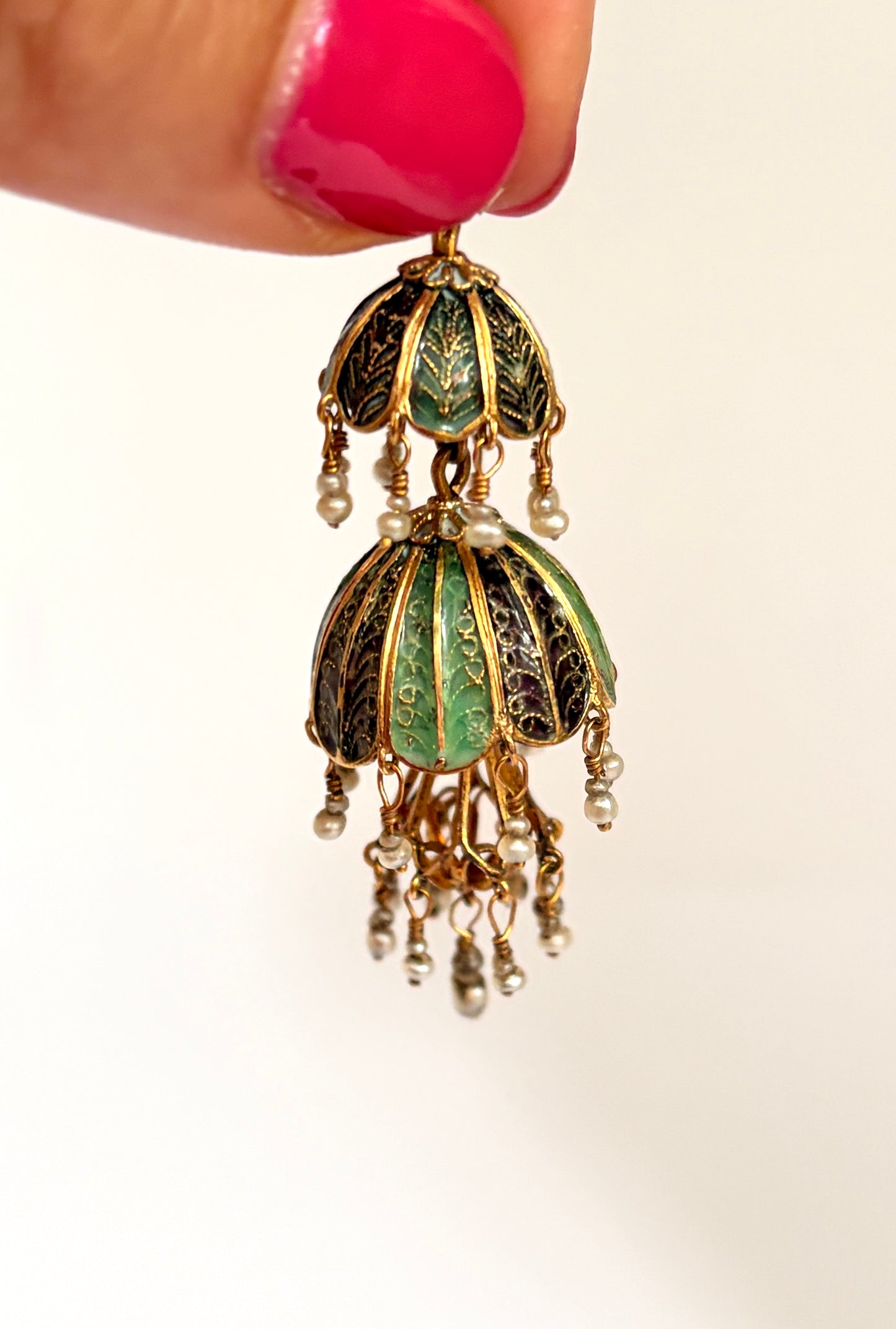 Unique, 18ct Gold Belle Epoque Enamel and Pearl Chandelier Pendant
