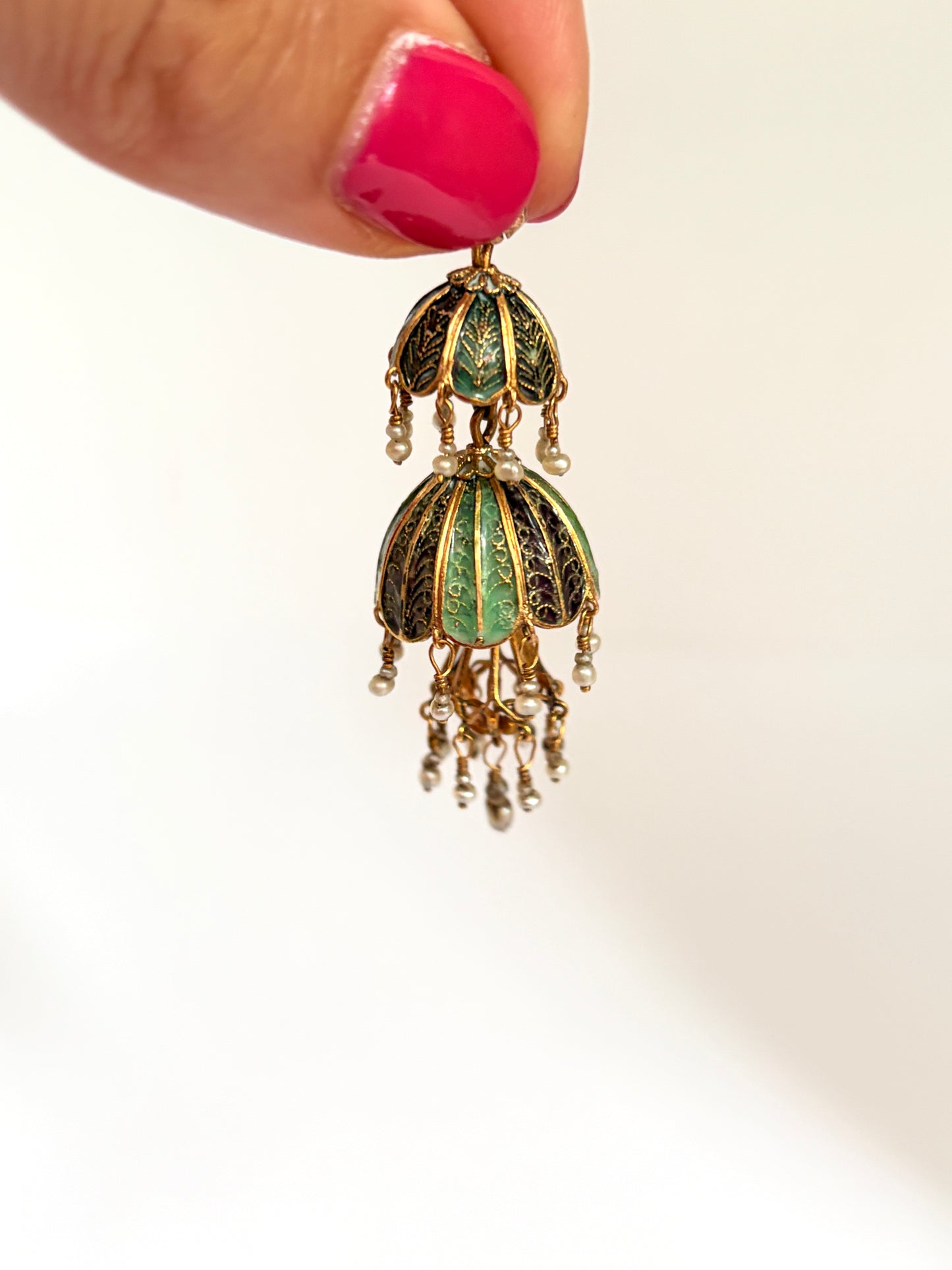 Unique, 18ct Gold Belle Epoque Enamel and Pearl Chandelier Pendant
