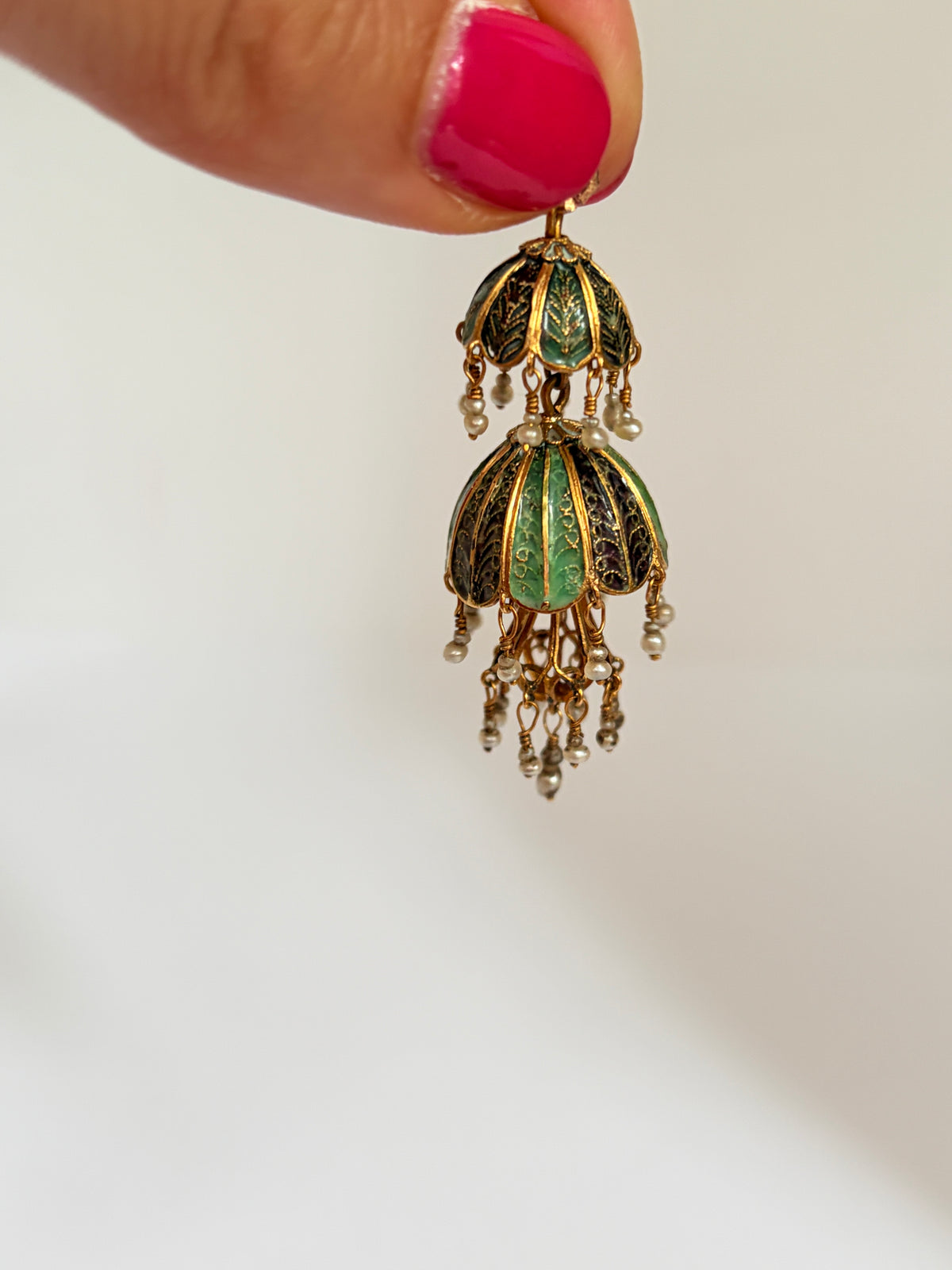 Unique, 18ct Gold Belle Epoque Enamel and Pearl Chandelier Pendant