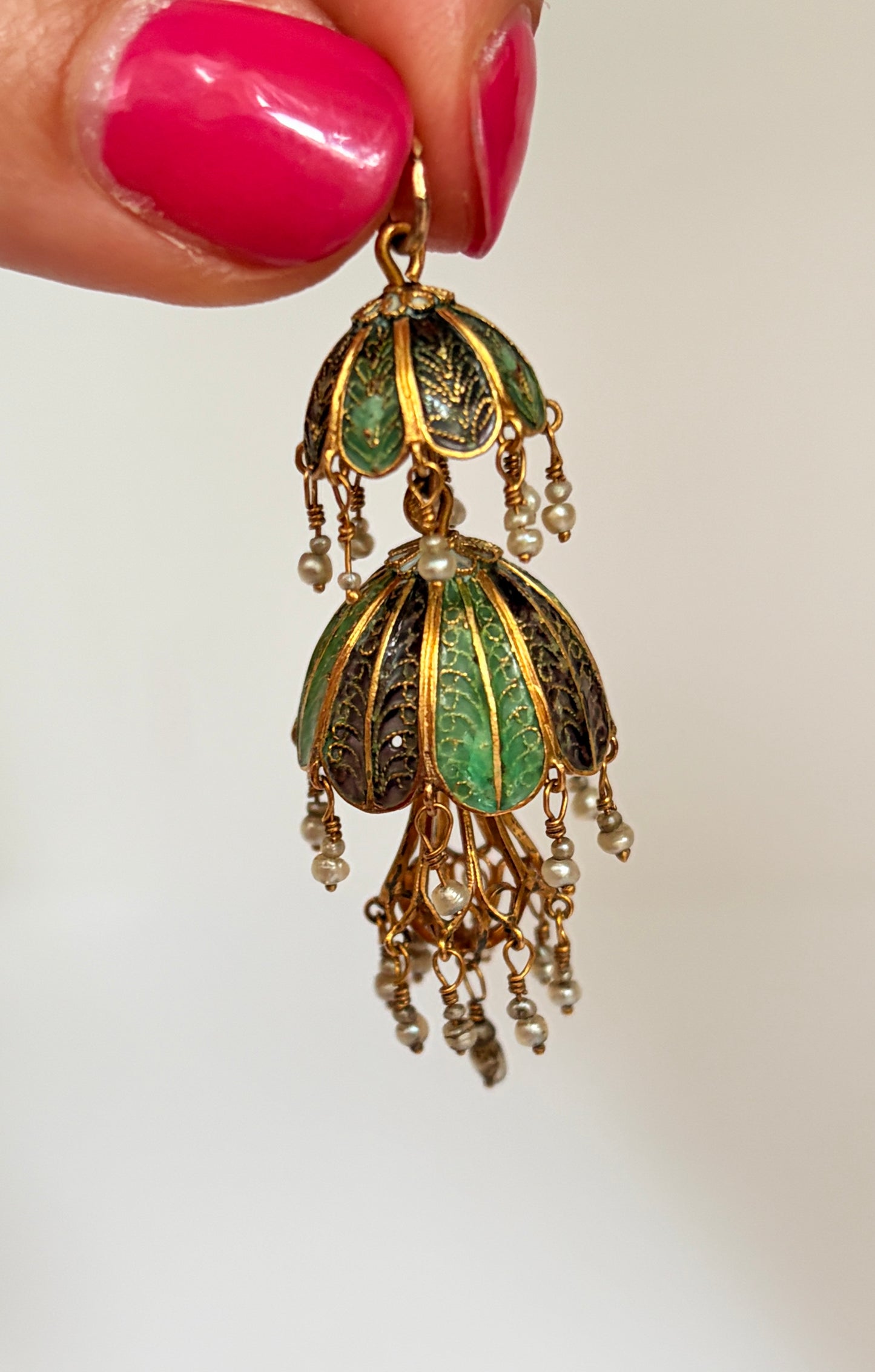 Unique, 18ct Gold Belle Epoque Enamel and Pearl Chandelier Pendant