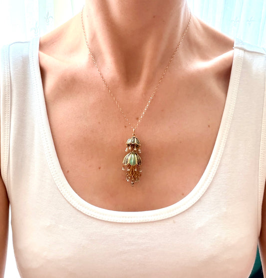 Unique, 18ct Gold Belle Epoque Enamel and Pearl Chandelier Pendant