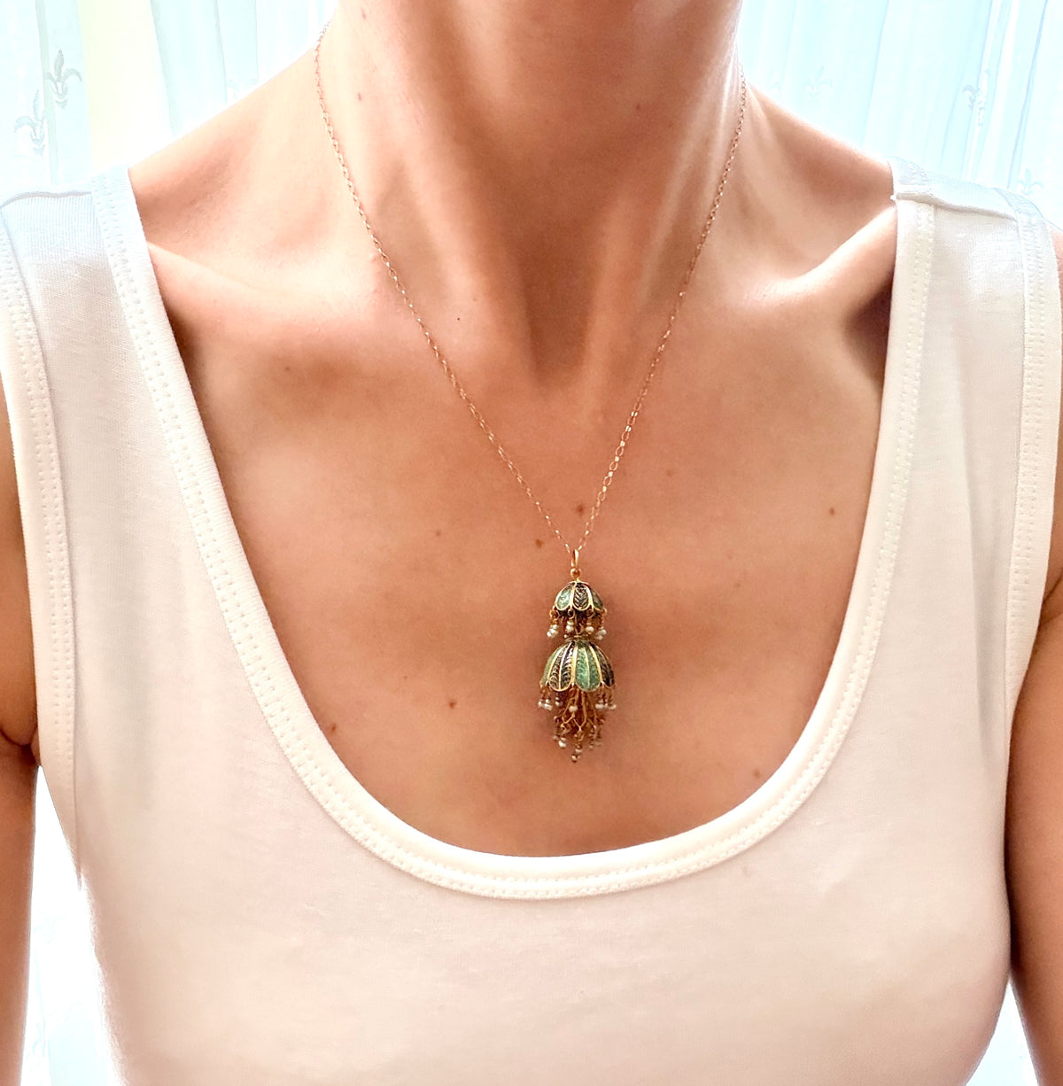 Unique, 18ct Gold Belle Epoque Enamel and Pearl Chandelier Pendant
