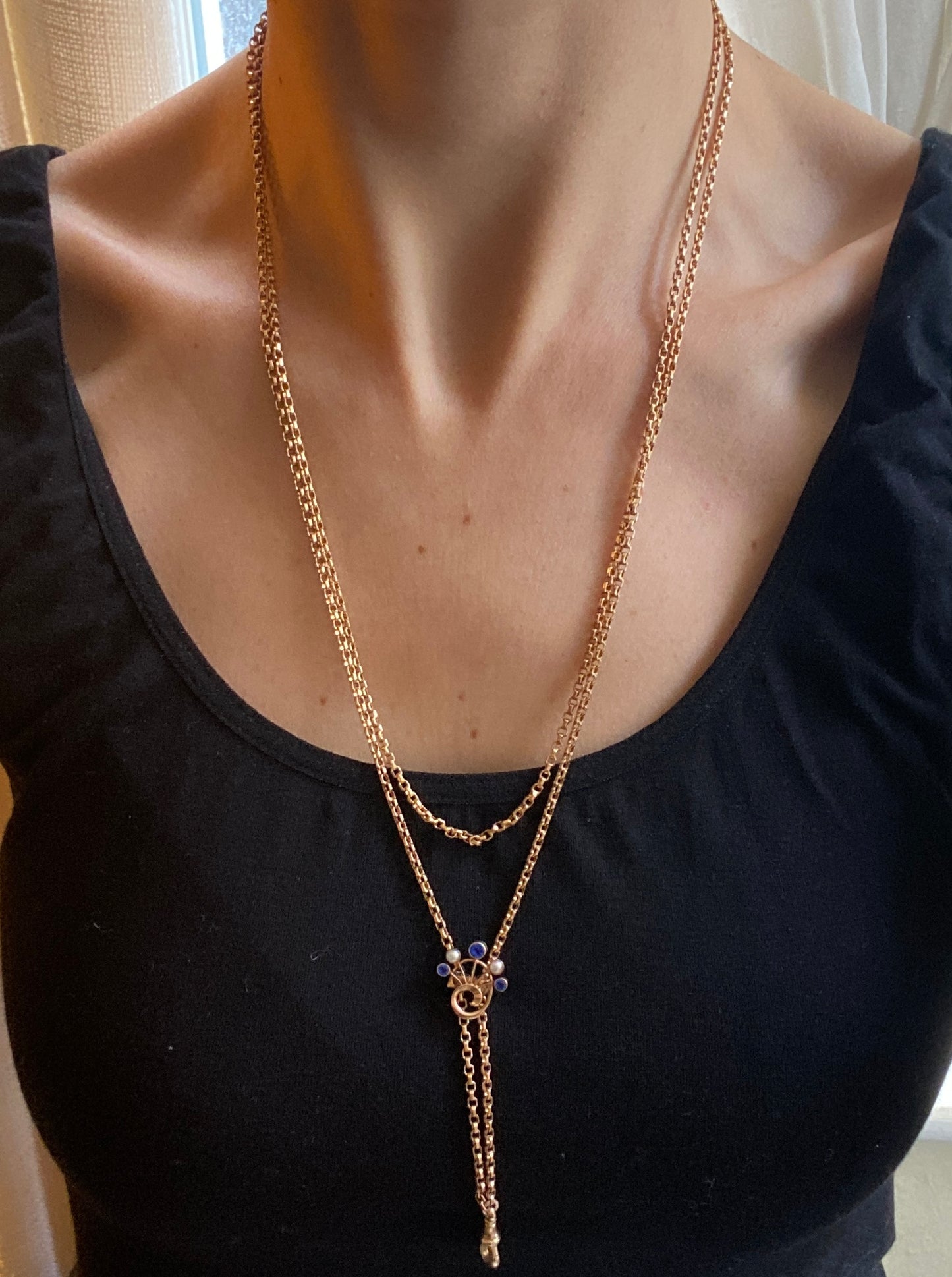 Antique, Unique Rolled Gold Longuard Chain, with Sapphire Paste and Faux Pearl slider (18.79g) 52 inches