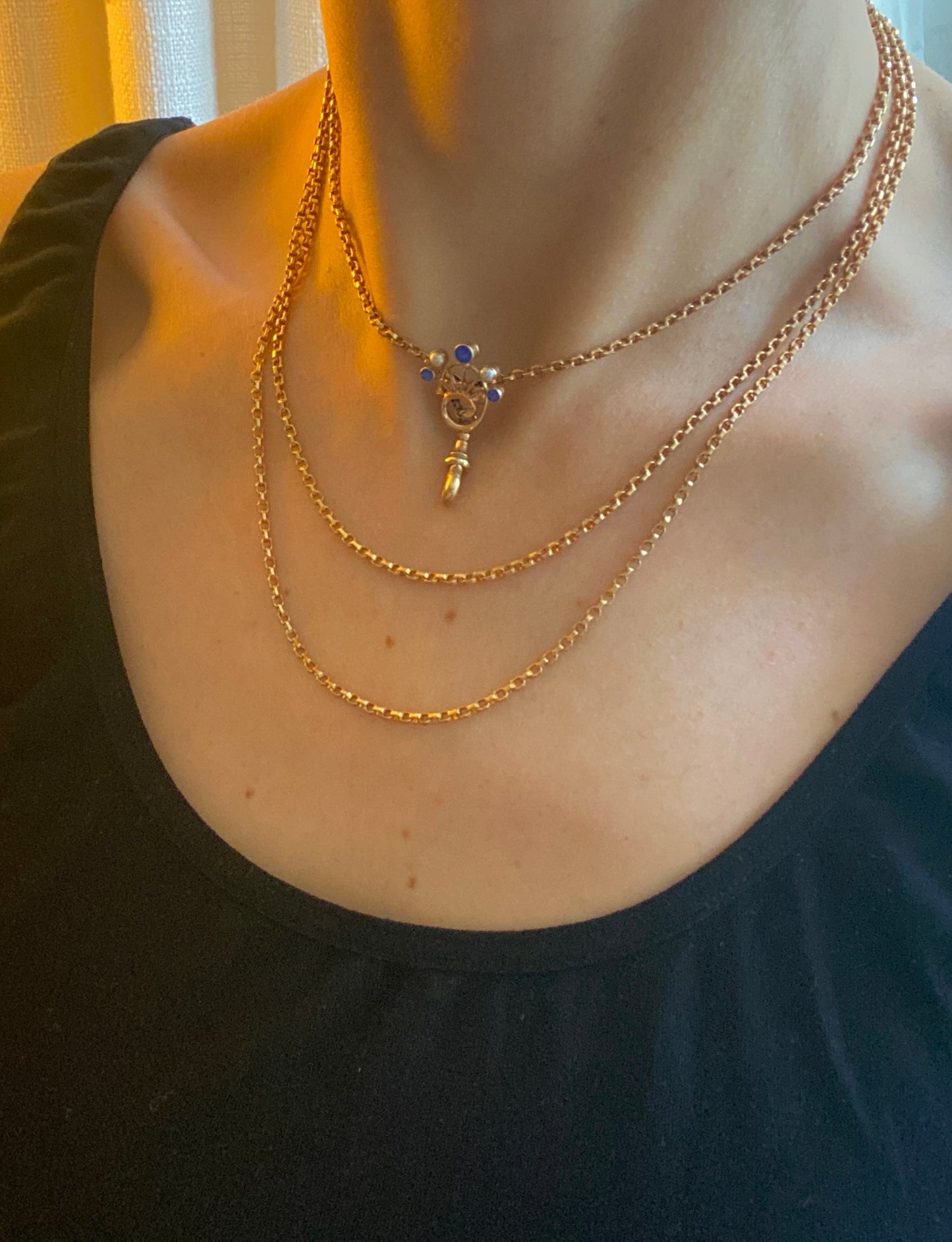 Antique, Unique Rolled Gold Longuard Chain, with Sapphire Paste and Faux Pearl slider (18.79g) 52 inches